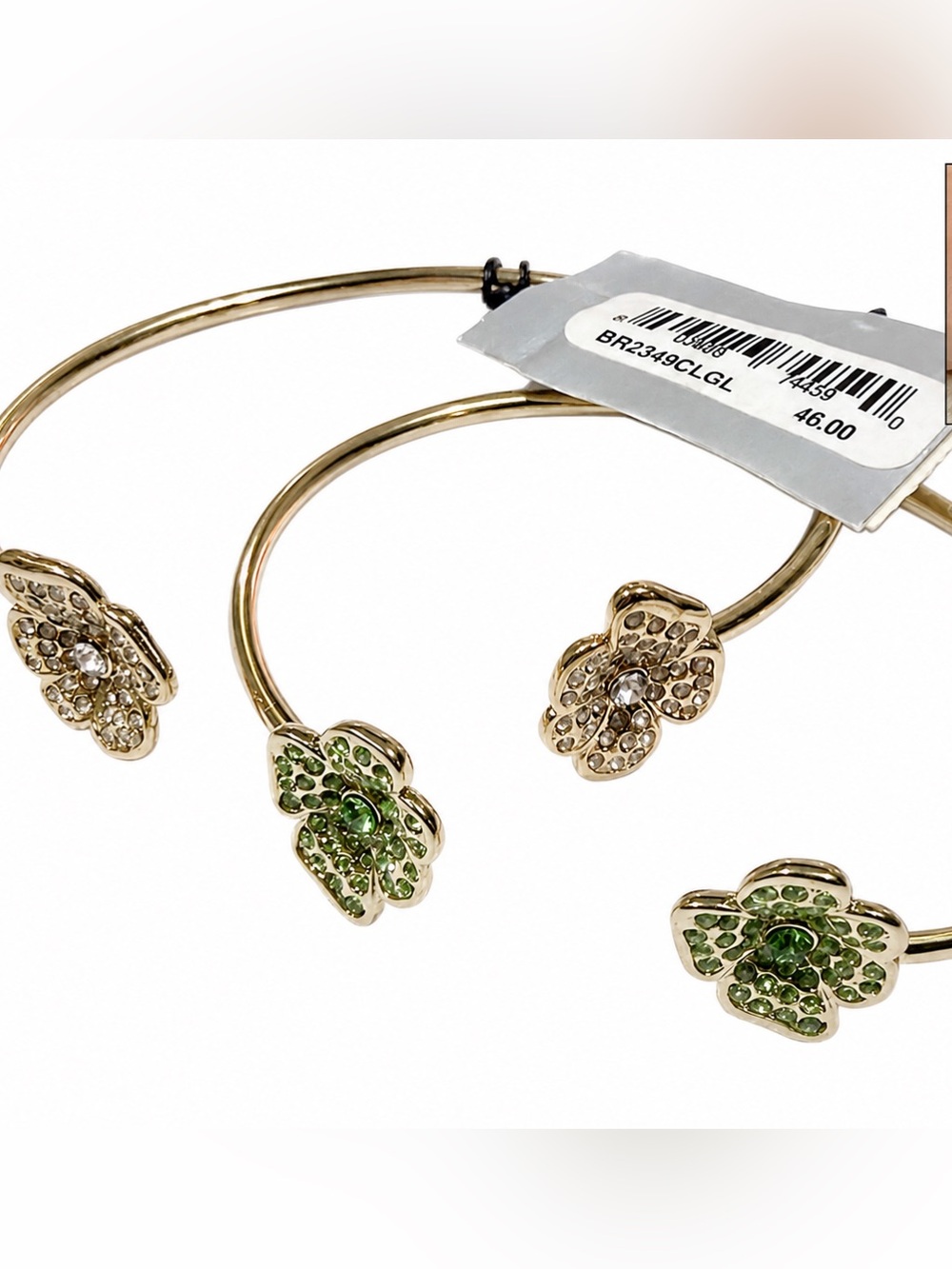 $92 Sequin Bracelet 2pc set Gold Tone Open Cuff Bangles Clover Crystal Accents